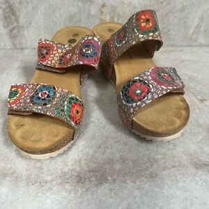 Eric Michael Tan Slide Sandals with Multicolor Accents